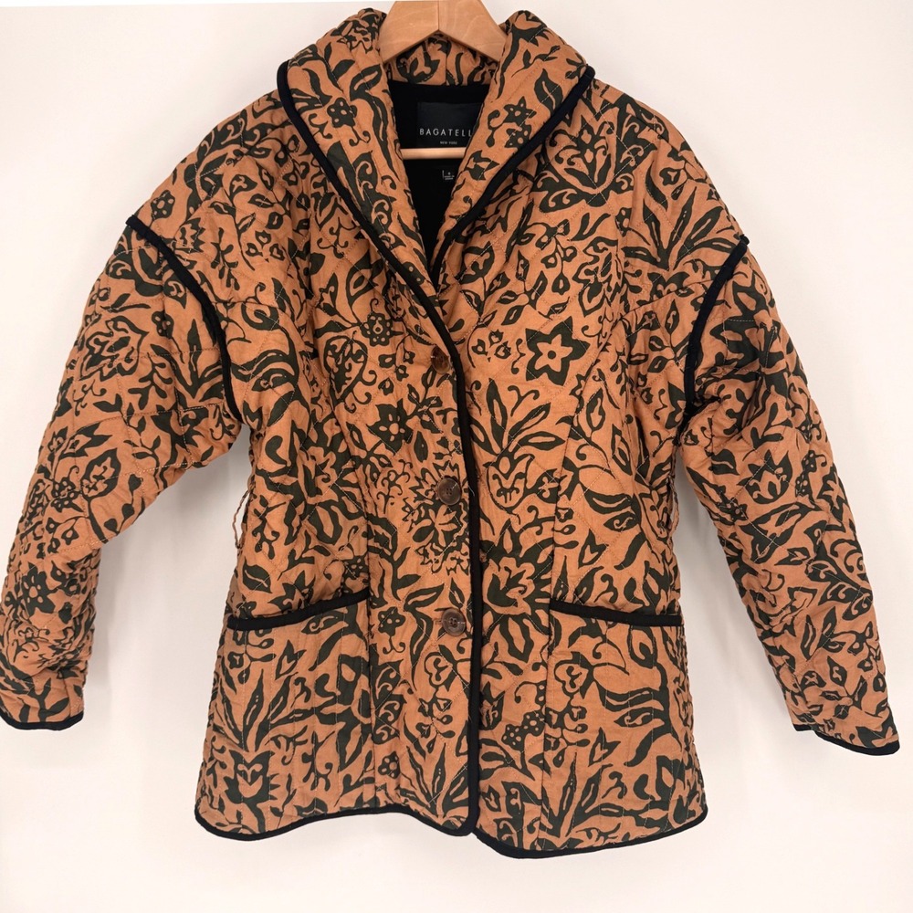 Quilted Floral Boho Block‎ Print Jacket Camel Black Smalll Scandi Shawl Collar